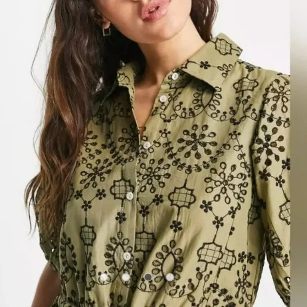 TOPSHOP green and black embroidered eyelet dress Sz 6 NWT 100% Cotton Boho - Picture 3 of 12